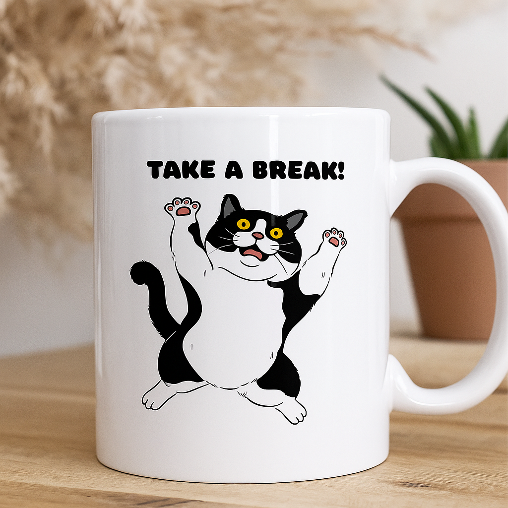 🐾 Take a Break & Drink Coffee – Jumping Cat Mug