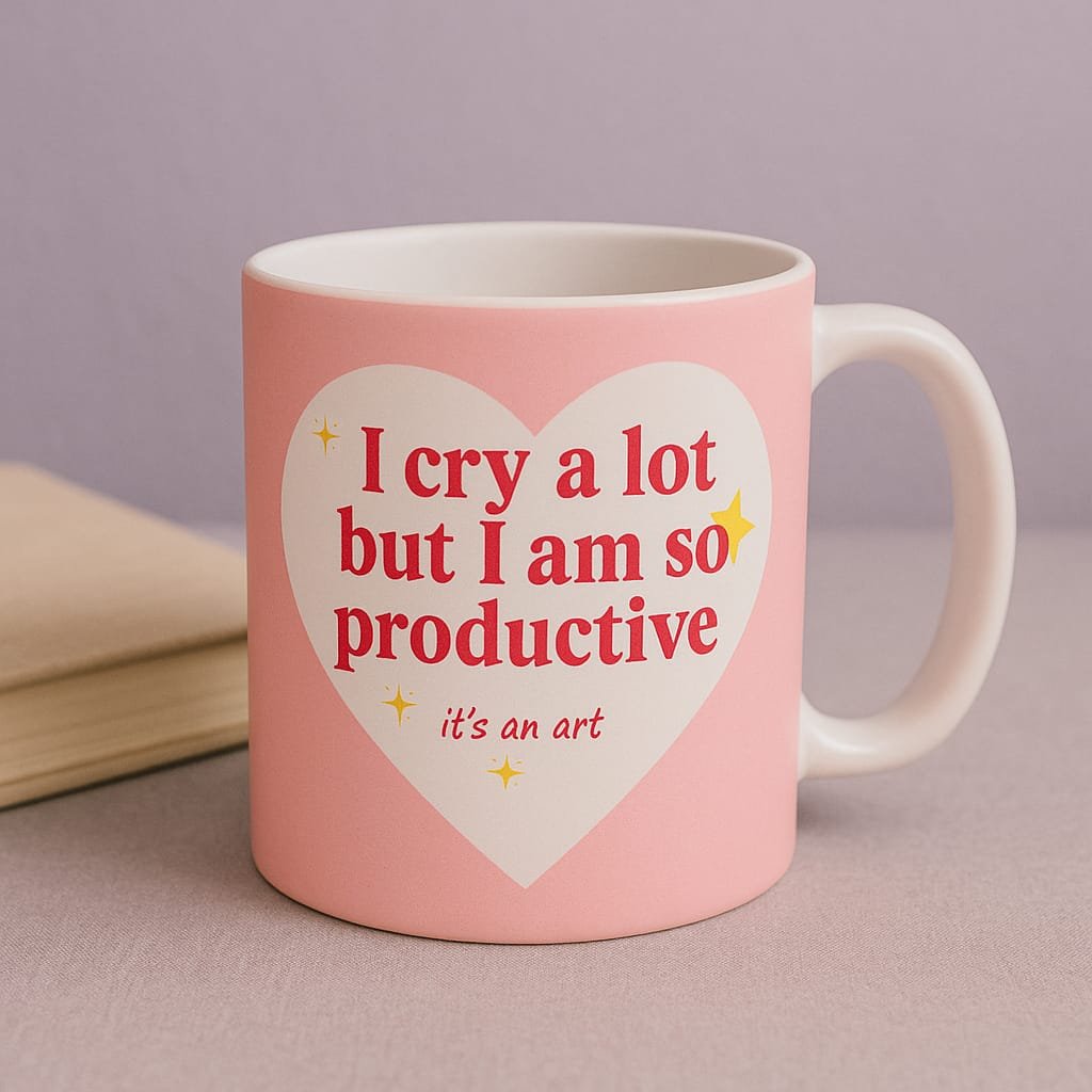 💖 "I Cry a Lot But I Am So Productive" Pink Heart Mug