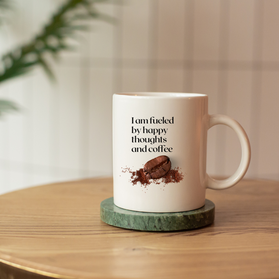 ☕ "Fueled by Happy Thoughts & Coffee" Mug